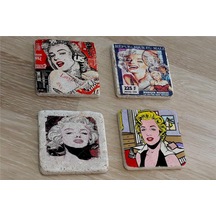 Marilyn Monroe Pul Ve Portreleri Doğal Taş Bardak Altlığı 4'lü Set - Natural Stone Coasters - Taş Çok Renkli