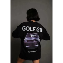 Twingold Kadın Oversize Baskılı Tişört Golf Gtı Retro Araba Desenli, Ön & Arka Dijital Baskı, Sokak Modası SIYAH