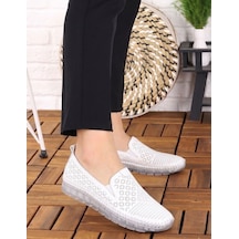 Beren Hakiki Deri Beyaz Kadın Ayakkabı Lazer Delikli Ortopedik Taban Slip-on Casual Günlük Yürüyüş Ayakkabısı