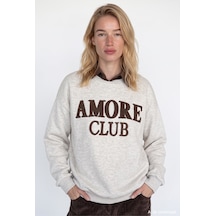 Quzu Polo Yaka Amore Nakışlı Oversize Sweatshirt Bejmelanj Bej - Kahverengi