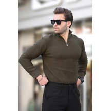 Haki Polo Yaka Fermuar Detaylı Uzun Kollu Erkek Kazak 7282 Haki