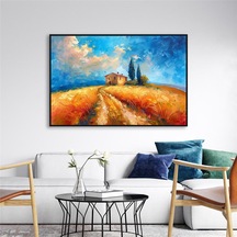 Yağlı Boya Dokulu Tablo Modern Buğday Tarlası Manzarası Siyah Çerçeveli U06018-178983