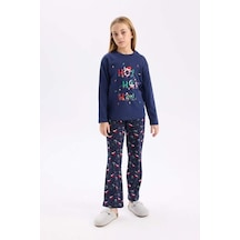 Defacto Kız Çocuk Yılbaşı Temalı Pijama Takımı Uzun Kollu Üsr Esnek Belli Uzun Alt D9824a824wnnv31 Lacivert