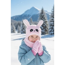 Eleven Markets Kız Çocuk Kulaklı Bere Boyunluk Takım Sevimli Tavşan Desenli Polar Kışlık Şapka & Atkı, 3-9 Yaş Pembe