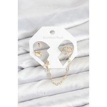 Pirinç Gold Renk Uzay Model Zincir Bağlantılı Ear Cuff Küpe Seti Altın