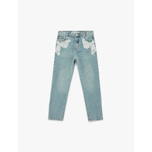 Koton Dantel Detaylı Pamuklu Mom Fit Denim Pantolon Orta İndigo 6skg40077ad İndigo