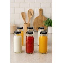 6 Adet 250 Ml Beslenme Şeffaf Meyve Suyu, Meşrubat, Limonata Şişesi Metal Kapaklı 250 Cc Şişe Siyah 0