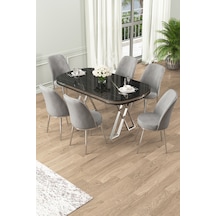 Canisa Lai Serisi 90x168 Lak Panel Sonata Krom Ayak Masa Takımı 6 Gri Sandalye Masa Siyah Mermer Sandalye Gri Krom Detay