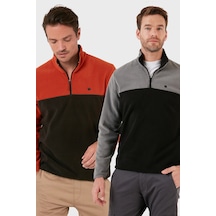 Buratti Regular Fit Anti-Pilling Tüylenme Yapmayan Dik Yaka Şardonlu 2'Li Paket Erkek Polar 5906016S2 Gri Siyah-Oranj