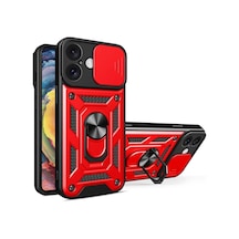 Newface Apple İphone 16 Kılıf Pars Lens Yüzüklü Silikon - Kırmızı