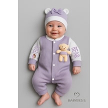 Babyden's Teddy Bear Temalı Yenidoğan Fitilli Tulum Takımı Ayıcıklı Kız Bebek Tulum Şapka Set %100 Pamuk Lila