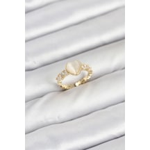 Pirinç Gold Renk Zirkon Taşlı Kalpli Kadın Yüzük Renkli