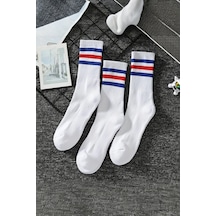 Hitit Socks Kadın 5 Çift Premium Kalite Yüksek Pamuklu Kolej Çorap Mavi Kırmızı Çizgili Asorti