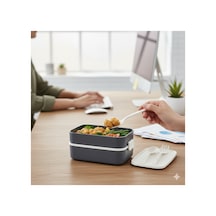 Lunch Box Kendinden Çatal Kaşıklı Estetik 2 Katlı Taşınabilir Yemek Kabı Siyah