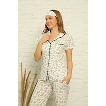 Akbeniz Kadın %100 Pamuk Önden Düğmeli Kısa Kol Pijama Takım 2842 - XL Ekru