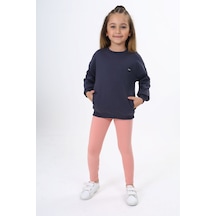 Toontoy Kids Toontoy Kız Çocuk 2'li Takım Baskılı Bisiklet Yaka Düşük Omuz Cepli Sweatshirt & Basic Düz Tayt Füme