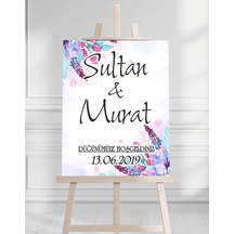 Söz Nişan Düğün İçin 50x70 Karşılama Panosu - Mor Renkli Çiçek Temalı Beyaz