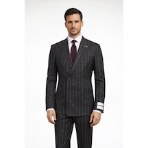 Fabıo Cassel Çizgili Kruvaze Erkek Takım Elbise Slim Fit Füme