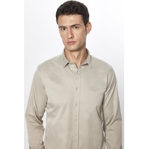Tudors Erkek Slim Fit Dar Kesim Uzun Kollu Pamuklu Saten Taş Renk Gömlek-31395 Taş