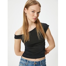 Koton Kolsuz Bluz Omuz Detaylı Drapeli Kayık Yaka Slim Fit Siyah 4sal30189ık