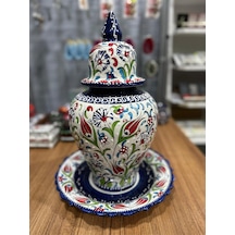 Tabaklı Büyük Boy Şah Küpü 40 Cm Lale Desenli Kütahya Çini Mavi