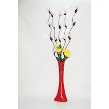 60 Cm Desenli Kırmızı Vazo 5 Adet Beyaz Üzüm ve Sarı Gül