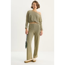 Shade Kadın Kayık Yaka Beli Lastikli Bluz Bol Pantolonlu Simli Alt-üst Takım 60283617 - Çağla Yeşili