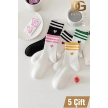 Hitit Socks Kadın 5 Çift Premium Kalite Çizgili Kalp Desenli Günlük Kullanıma Uygun Kolej Çorap Çok  Renkli