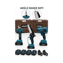 Heilber Ba0115385 3'lü Akülü Bahçe Seti Budama Makası Mini Zincirli Testere Üfleme Makinesi 4 Batarya 2 Şarj