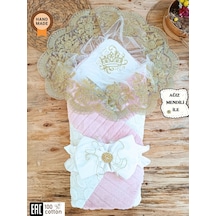 Pamuklu & Kışlık Unisex Bebek Kundağı - Gold Dantelli Bebek Battaniyesi & Hastane Çıkışı Pembe