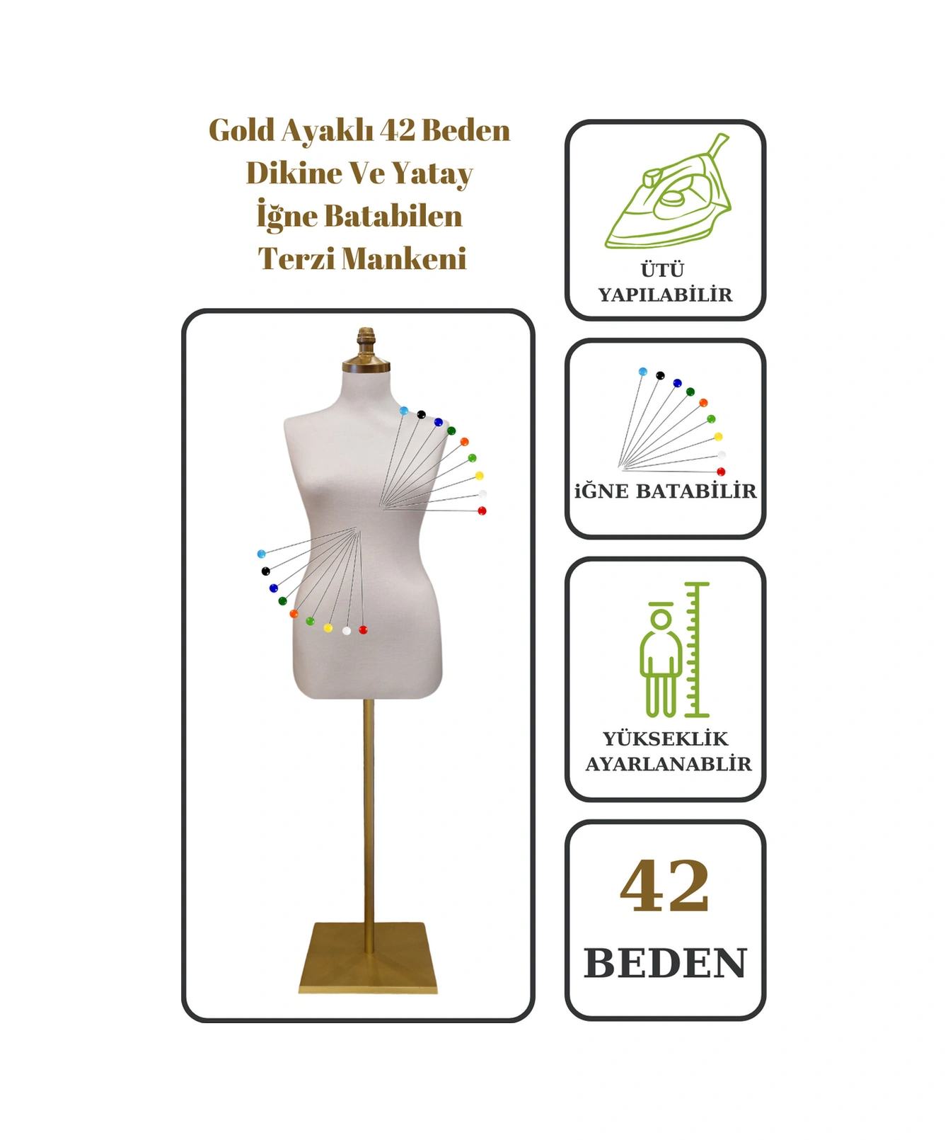 42 Beden Iğne Batabilen Terzi Mankeni Prova Mankeni Sünger Manken Gold Ayaklı Beyaz Kumaş Po-01