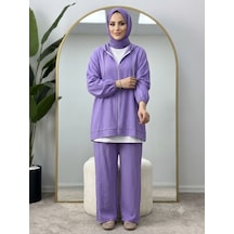 Lovie Moda Kadın Kapüşonlu Fermuar Detaylı Jakarlı Pantolonlu Tesettür Takım Mor