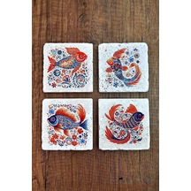 Doğal Taş Bardak Altlığı 4'lü Set 10x10x1 Cm Renkli Balık Desenleri -stone Coasters Çok Renkli