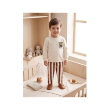 Deniva Kids Erkek Çocuk %100 Pamuklu Çizgili Pantolonlu Sweatshirt Kreş Takımı 2'li Set Kahverengi