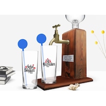 Kişiye Özel Renkli Baskılı Selvi Boylum Al Yazmalım Tasarımlı İkili Vodka Bardağı Ve Ahşap Vodka Standı Hediye Seti-3 Sarı