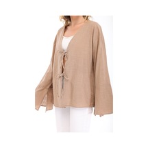 Blayn Jeans Blayn Kadın Keten Kimono Oversize Rahat Kalıp Yazlık Uzun Kollu Kimono Vizon