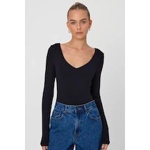 Madmext Siyah V Yaka Uzun Kol Esnek Kumaş Bodysuit Mg2132-siyah Siyah