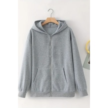 Unisex Gri Kapüşonlu Fermuarlı Hırka Basic , Şardonlu Kalın Kumaş Gri