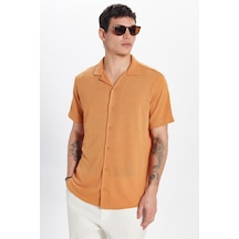 Tudors Erkek Slim Fit Dar Kesim Kısa Kollu Örme Doku Apaş Yaka Turuncu Gömlek-33045 Turuncu
