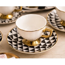 Premium Porselen 6 Kişilik Türk Kahvesi Fincan Takımı Gold Detaylı Modern Desenli Şık Hediye Seti Çok Renkli