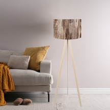 Pratik Ahşap Krem Tripod Ayaklı Pvc Ağaç Desenli Silindir Başlıklı Lambader Kahverengi