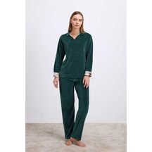 E-bulurum Kadın Uzun Kollu Kadife Sweatshirt Ve Pantolon Pijama Takımı Koyu Yeşil