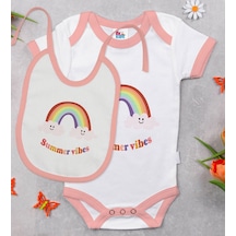 Bk Kids Summer Vibes Tasarımlı Pembe Bebek Body Zıbın Ve Mama Önlüğü Hediye Seti-2 Çok Renkli