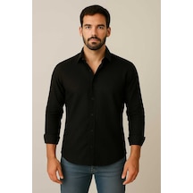 Bürke Sofya Keten Dokulu Uzun Kollu Siyah Yarım Oversize Erkek Gömlek