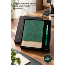 3 Adet Premium Öğretmenler Günü Hediye Seti Siyah Gold Desenli Kutu, Yeşil Deri Defter Ve Metal Kalem Seti, Notebook Pen Gift, Kurumsal Hediye