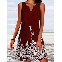 Yaz Kadın Etek Bol Baskı Uzun Kollu Tasarım Sense Çiçek Kolsuz Elbise Kırmızı