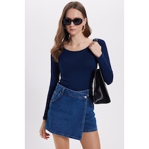Tudors Kadın Slim Fit Dar Kesim Uzun Kollu Viskon Lacivert Bluz-35206 Lacivert