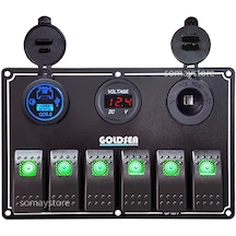 Switch Panel 6 Anahtarlı Usb Type-C + Voltmetre + Şarj Soketli 12-24V 120X180mm Yeşil Işık