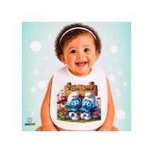 Kişiye Özel Şirinler Keten Bebek Mama Önlüğü Yumuşak - Emici - Yıkanabilir - Özel Tasarım P112 Çok Renkli