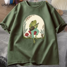 Flood Of Style Sevimli Cottagecore T-shirt Estetik Kurbağa Oynarken Banjo Mantar T Shirt Erkekler Yaz Pamuk Yeşil